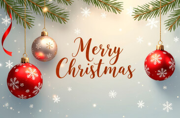 Red and gold Christmas tree balls hanging on a fir branch. Winter holiday background and text Merry Christmas. Postcard, illustration