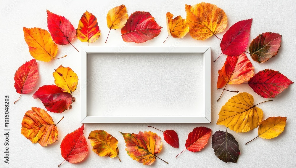 Poster autumn flat lay composition with colorful leaves and an empty white frame on a white background. thi