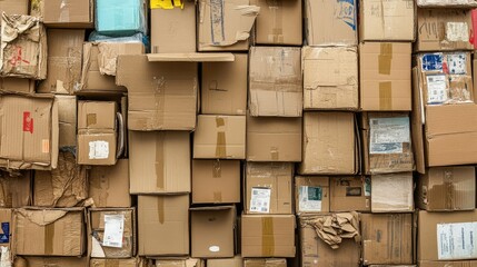A large stack of cardboard boxes in various conditions, prepared for recycling, with visible shipping labels and folds