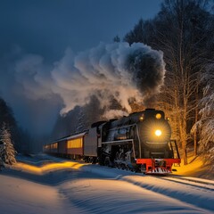 Obraz premium Old steam locomotive driving at night through a dreamlike snowy forest at christmas time