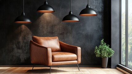 Modern living room with brown leather armchair and black pendant lamps 3d animation
