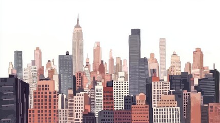 Obraz premium NYC skyline, solid buildings, solid buildings, no windows on buildings, muted colors, black outlins around buildings, white sky, vector style 