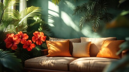 A cozy living room with a couch and tropical plants.