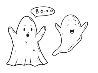 Couple of ghosts scaring and shouts boo, and happy with hands rising up in black isolated on white. Hand drawn vector sketch illustration in doodle engraved vintage line art style. Happy halloween