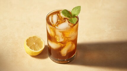 A Long Island iced tea cocktail featuring ice, lemon juice, and mint, beautifully arranged against a soft beige surface.