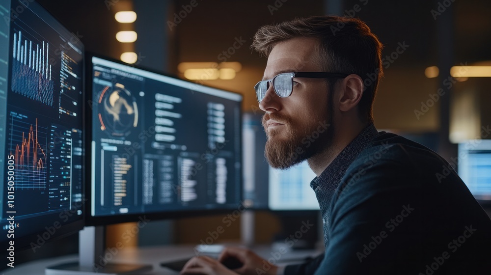 Poster a business intelligence professional reviewing a real-time big data dashboard powered by ai, analyzi