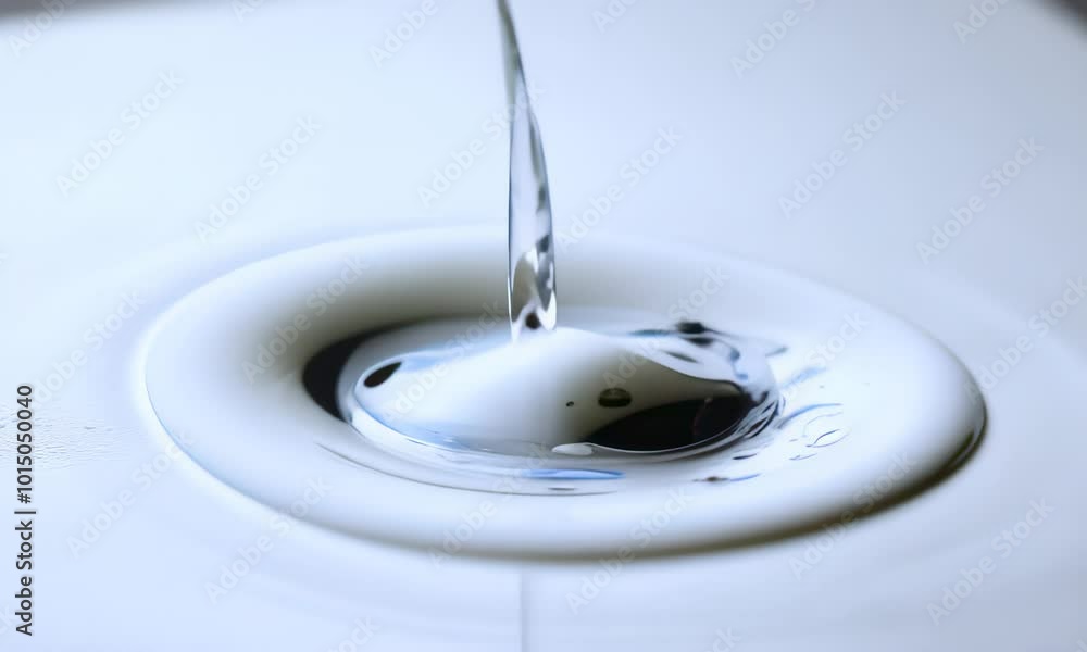 Poster a single drop of dark liquid falls into a pool of white liquid creating a ripple effect.