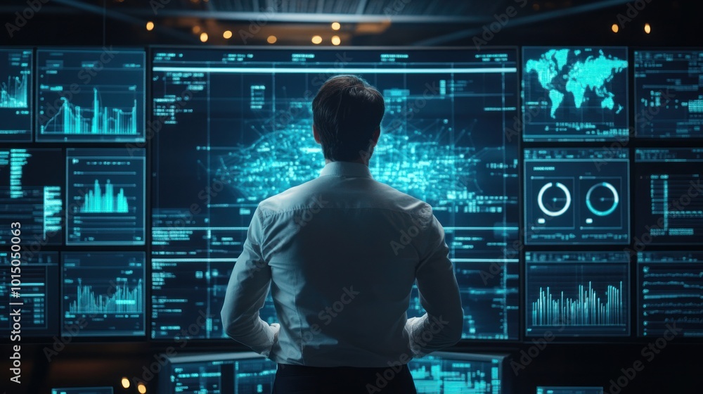 Poster a business intelligence professional reviewing a real-time big data dashboard powered by ai, analyzi