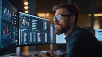 A business intelligence professional reviewing a real-time big data dashboard powered by AI, analyzing business trends and insights