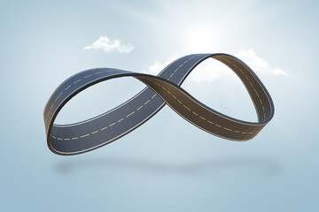 3D infinity loop road floating on a piece of land, surrounded by a bright sky and clouds. Ideal for...