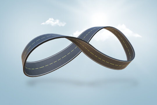 3D infinity loop road floating on a piece of land, surrounded by a bright sky and clouds. Ideal for travel, app design, and transportation themes, symbolizing infinite journeys and modern exploration.