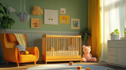 Modern Nursery Interior Design with Crib, Chair, and Plush Toys 3d animation