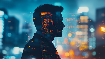 Double exposure Businessman implements data-driven decision-making for improved outcomes.