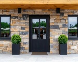 Elegant restaurant with stone and wood facade, blending modern and traditional styles