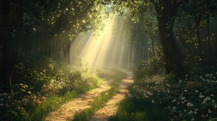 Fototapeta premium Mystical Forest Path with Sunbeams 3d animation