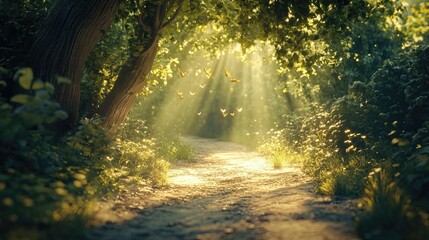Obraz premium Mystical Forest Path with Sunbeams 3d animation