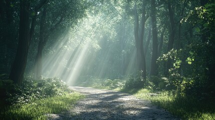 Mystical Forest Path with Sunlight Streaming Through Trees 3d animation