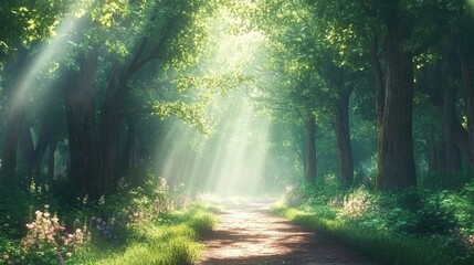 Obraz premium Mystical Forest Path with Sunlight Streaming Through Trees 3d animation