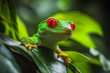 Vibrant Green Gecko with Striking Red Eyes in a Rainforest. AI generated illustration