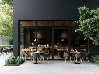 Restaurant with expansive glass facade and sleek patio seating, modern vibe