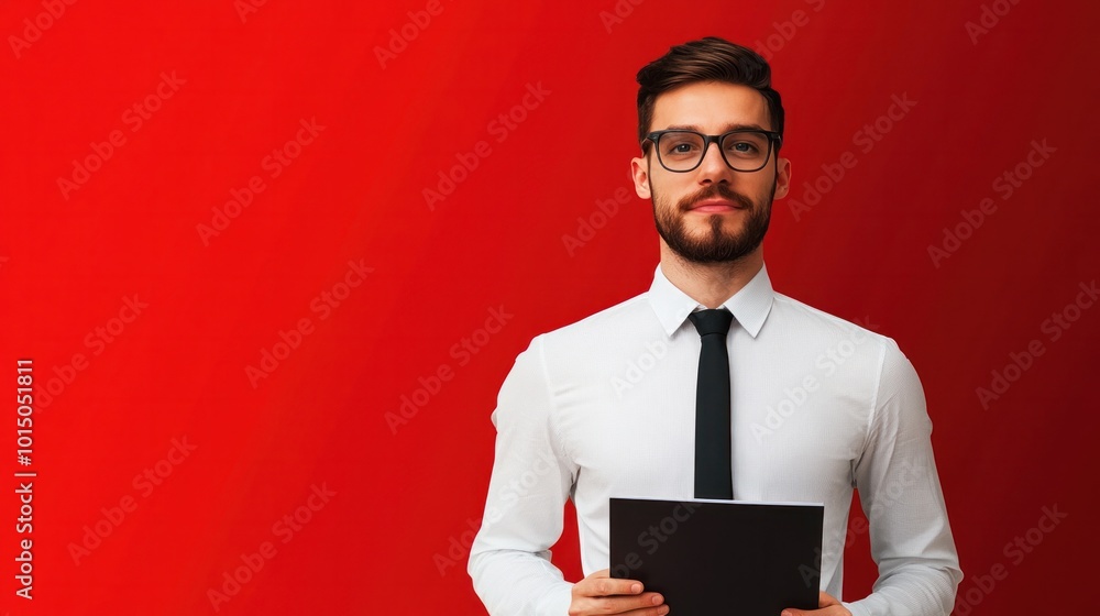 Poster a business professional preparing for a presentation in front of a simple red background, creating a