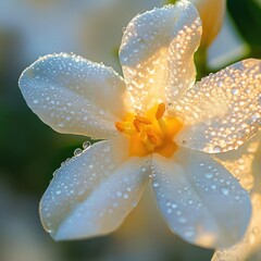 Fototapeta premium A macro shot of a delicate white jasmine flower, with tiny droplets of dew on the petals glistening in the morning light