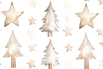 Seamless pattern of watercolor stars and Christmas trees in soft neutral tones, perfect for festive holiday designs and backgrounds.