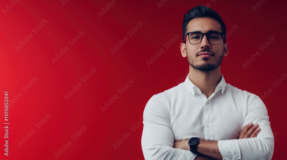 Poster a business professional preparing for a presentation in front of a simple red background, creating a
