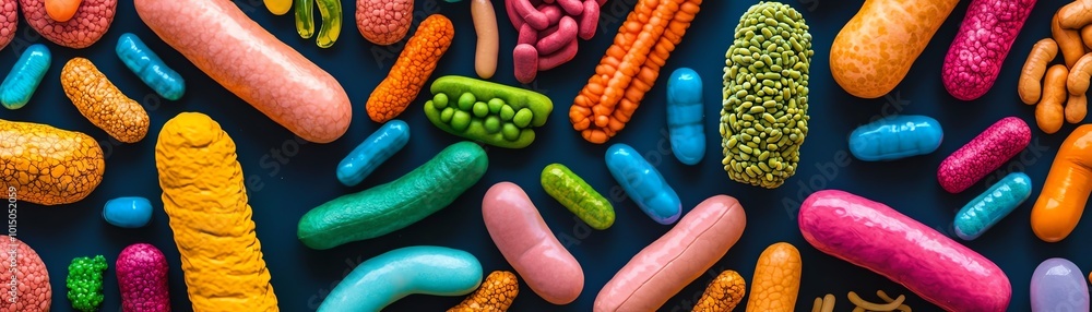 Poster a colorful array of bacteria depicted in a vibrant, artistic style, showcasing the diversity of micr