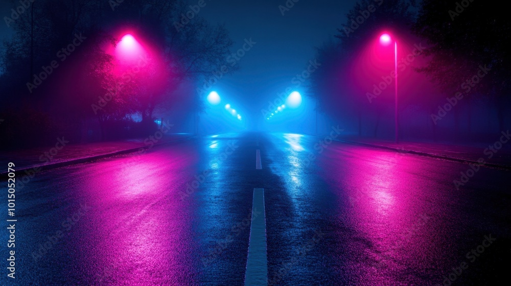 Aufkleber a dark street with neon lights and empty asphalt, creating a moody, urban atmosphere with mist and s
