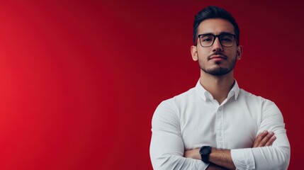Obraz premium A business professional preparing for a presentation in front of a simple red background, creating a strong and professional environment