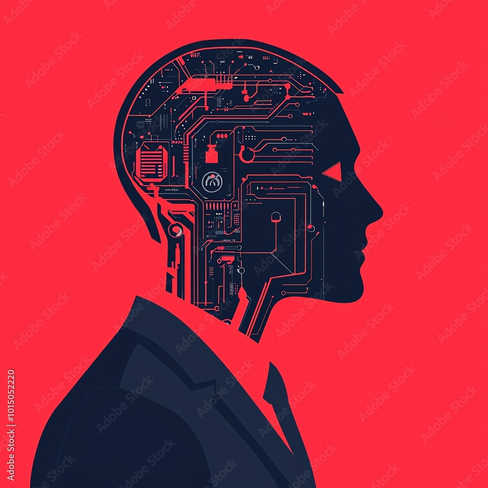 Poster a creative illustration of a human head with circuit patterns, symbolizing artificial intelligence a