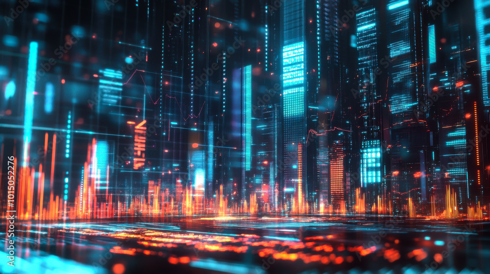 Poster abstract digital data visualization showing dynamic graphs and glowing elements in a tech-inspired d