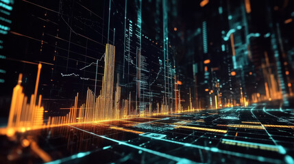 Abstract digital data visualization showing dynamic graphs and glowing elements in a tech-inspired design at nighttime
