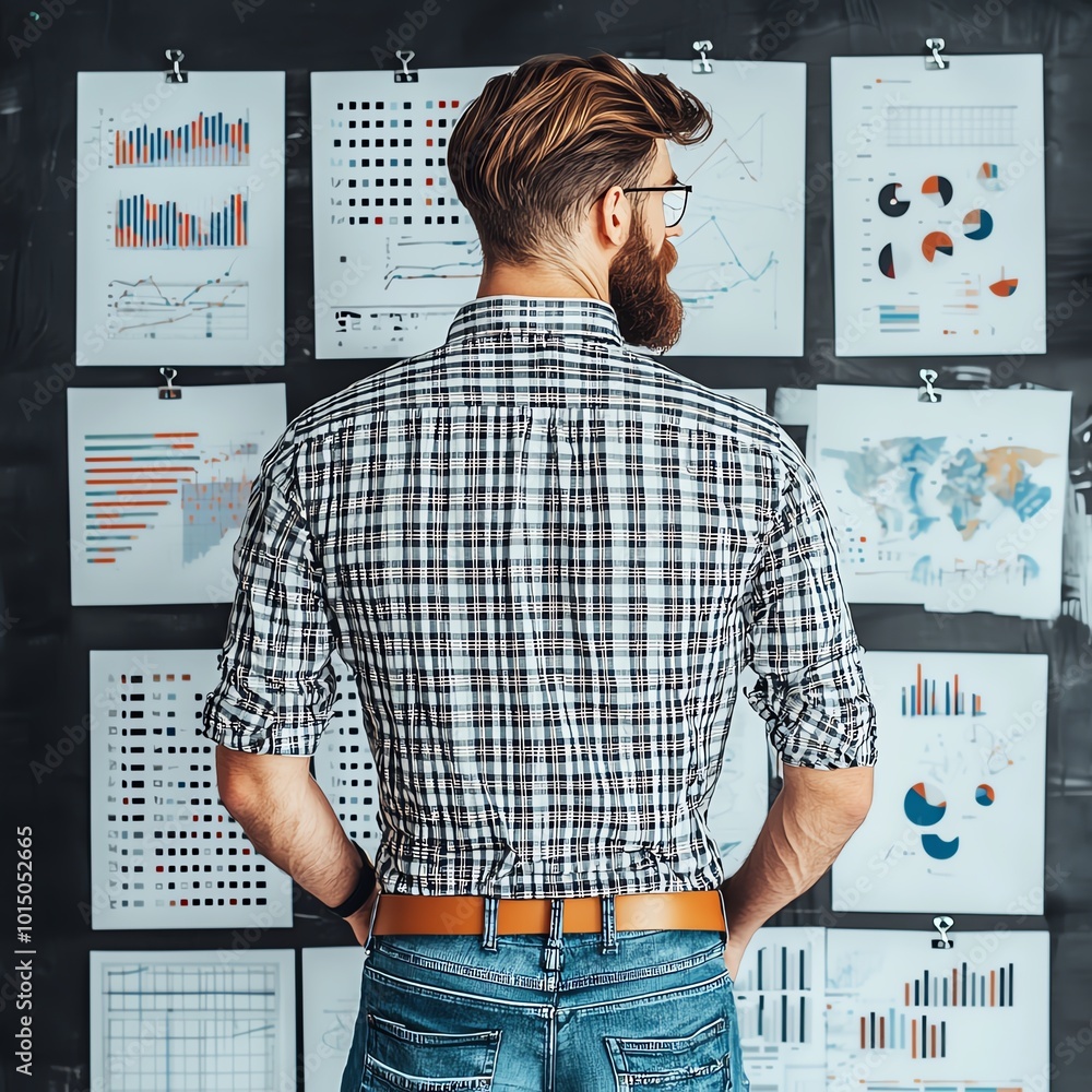 Poster a man analyzes data and graphs in a modern office, focused on statistics and visual insights for bus