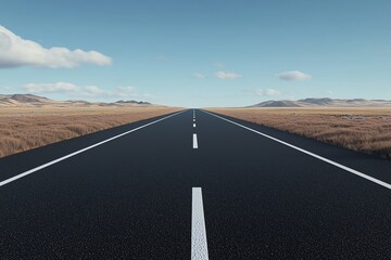 Fototapeta premium A long, empty road stretches into the horizon, surrounded by vast landscapes and blue skies, inviting exploration and adventure.