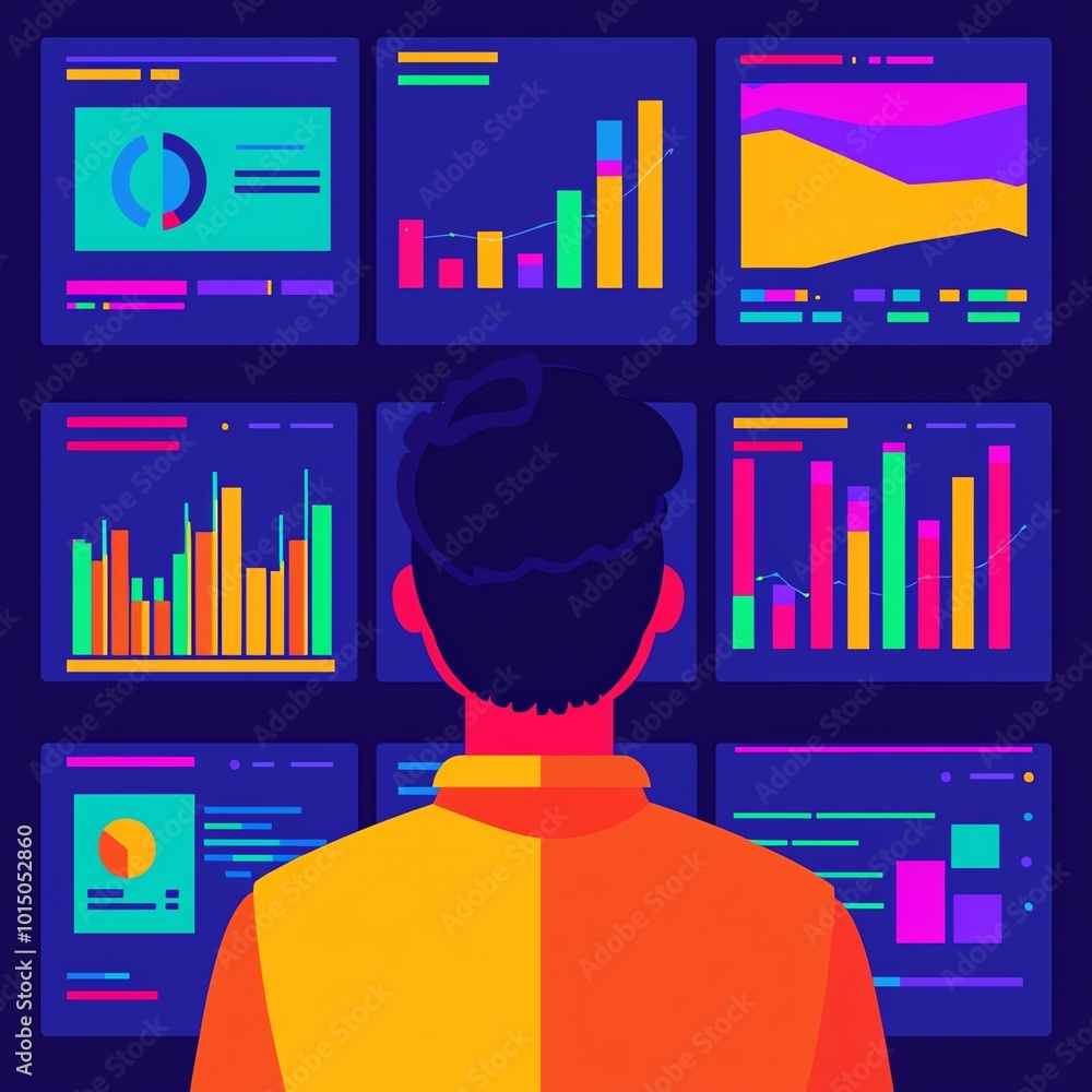 Poster a person analyzes colorful data visualizations on multiple screens, showcasing trends and insights i