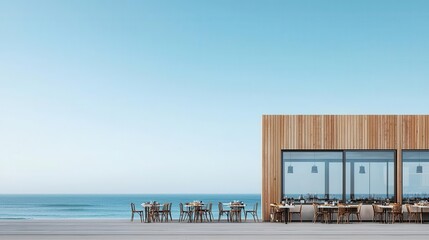 Facade of a beachside restaurant with large open windows, oceanfront dining