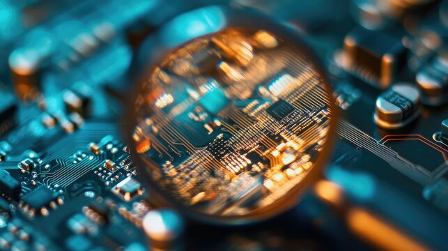 A magnifying glass focusing on the complex layout of a circuit board, highlighting its fine details.