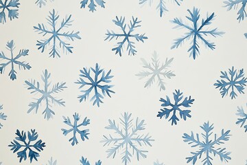 Seamless pattern of blue watercolor snowflakes on a light background, perfect for winter-themed projects, holiday decor, and festive designs.