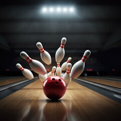 A bowling ball strike with falling pins is illustrated.