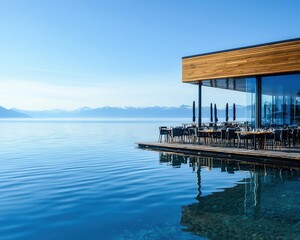 Obraz premium Waterfront restaurant with wooden facade and deck seating, scenic dining