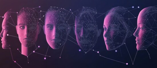 Abstract 3d camera scanning faces. Polygonal face recognition system, biometric scanning,