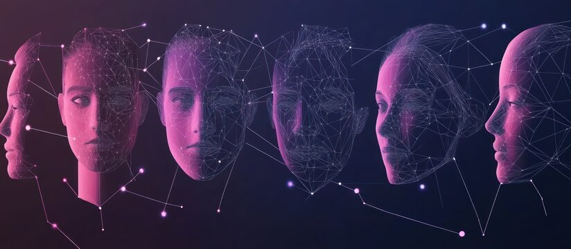 Abstract 3d camera scanning faces. Polygonal face recognition system, biometric scanning,