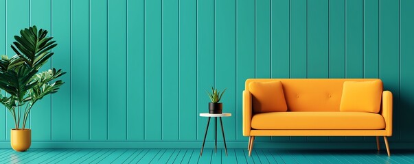 Bright and modern living room featuring a vibrant orange sofa against a teal wall, creating a stylish and inviting atmosphere.
