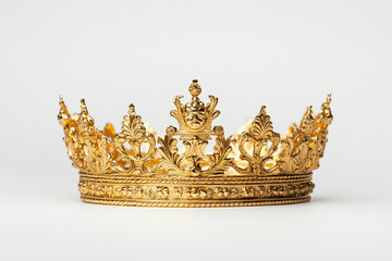 A golden crown with royal symbols, on a white background.