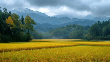 黄金色に色づいた山間の田園風景