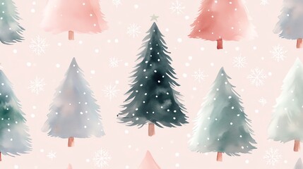 Fototapeta premium Seamless pattern with watercolor winter trees and snowflakes, perfect for holiday backgrounds and festive designs.