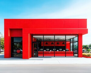 Fast food restaurant with bold red facade and drive-thru, urban setting
