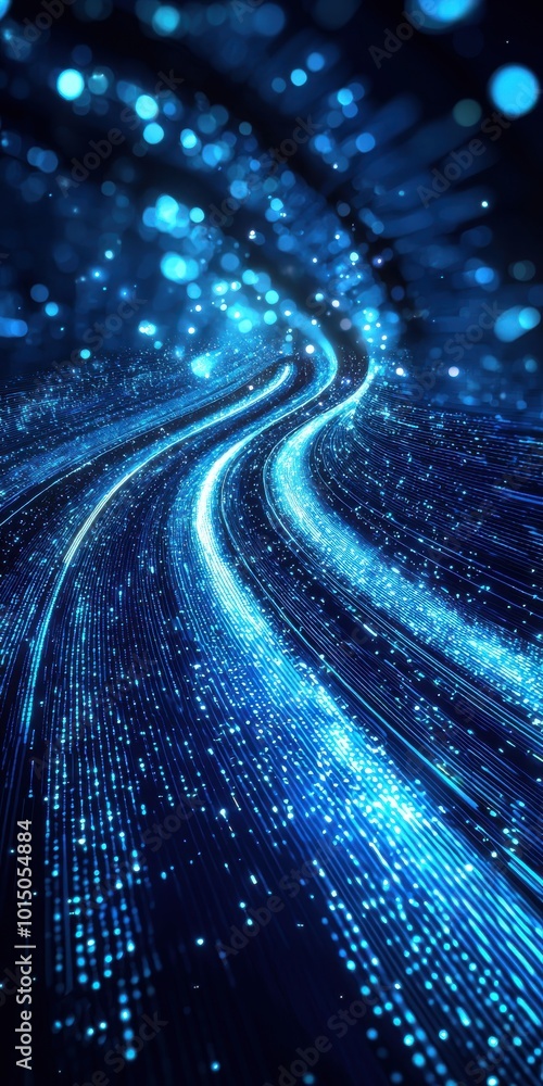 Aufkleber futuristic digital landscape with dynamic blue neon lines and particle flow on an abstract dark back